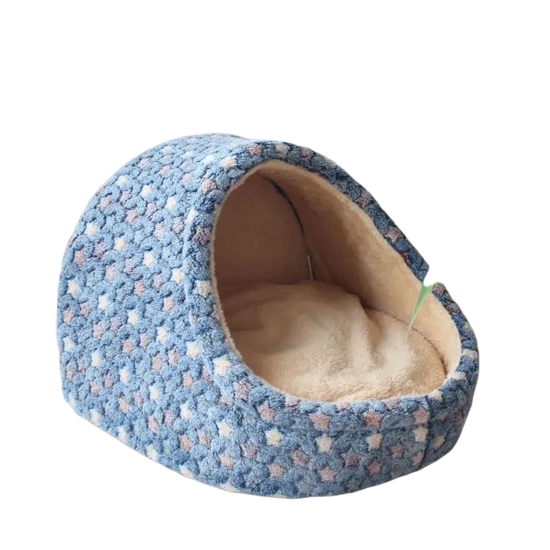 Foldable plush pet cave bed for small dogs and cats in blue star pattern with soft beige interior lining