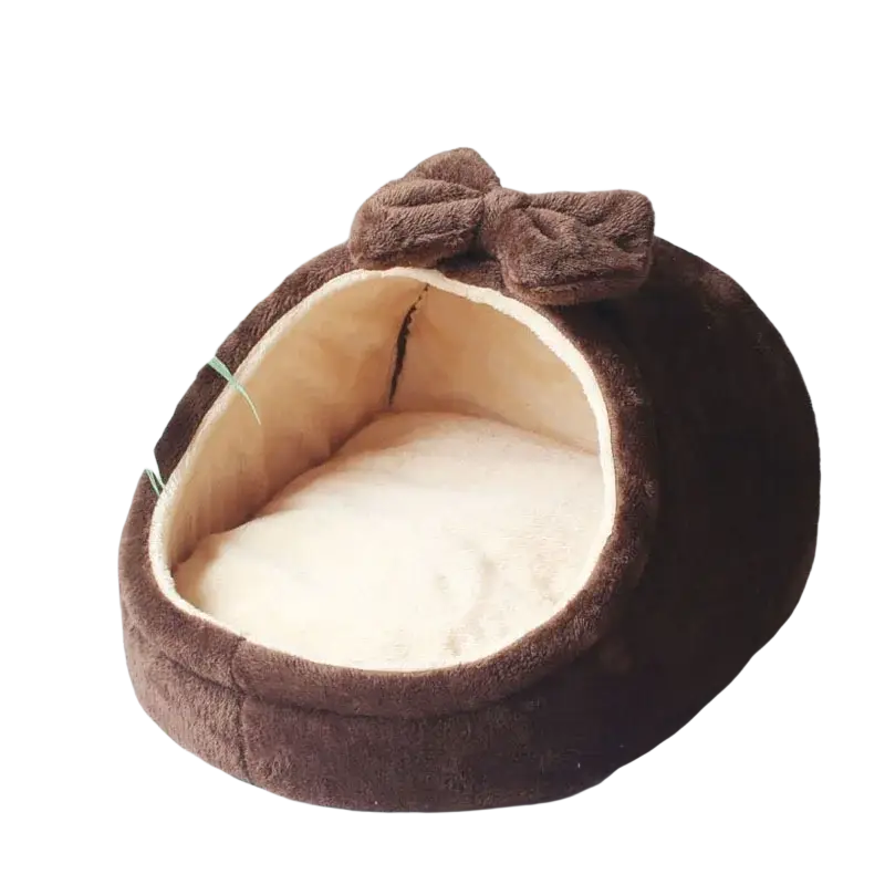 Brown foldable plush pet cave bed with soft fuzzy texture and matching bow for small dogs and cats