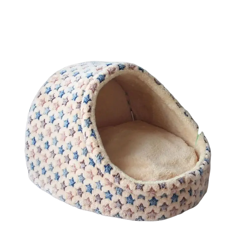 Cream-colored foldable plush pet cave bed with blue and pink star pattern made of soft material for small dogs and cats
