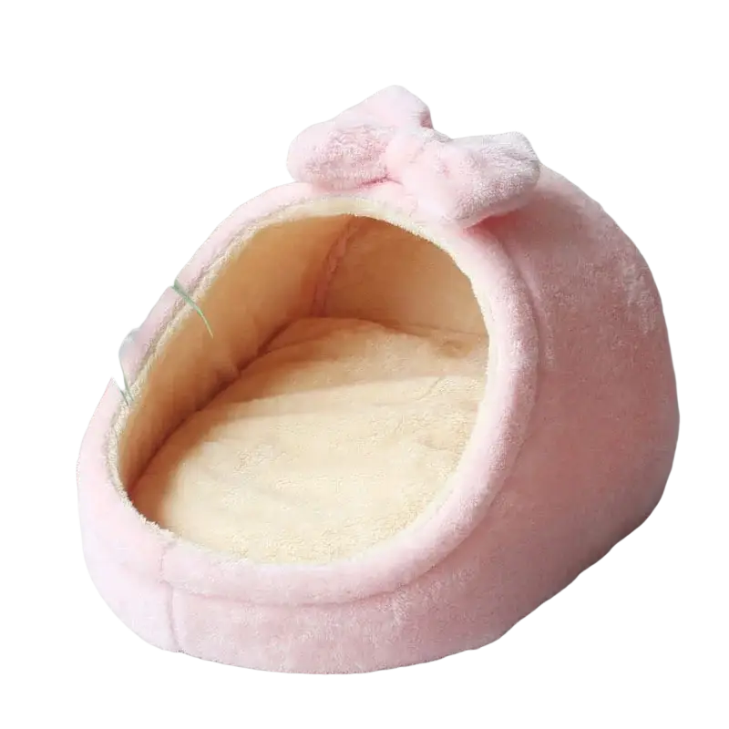 Pink foldable plush pet cave bed for small dogs and cats with soft fuzzy exterior and cozy beige interior with fluffy bow