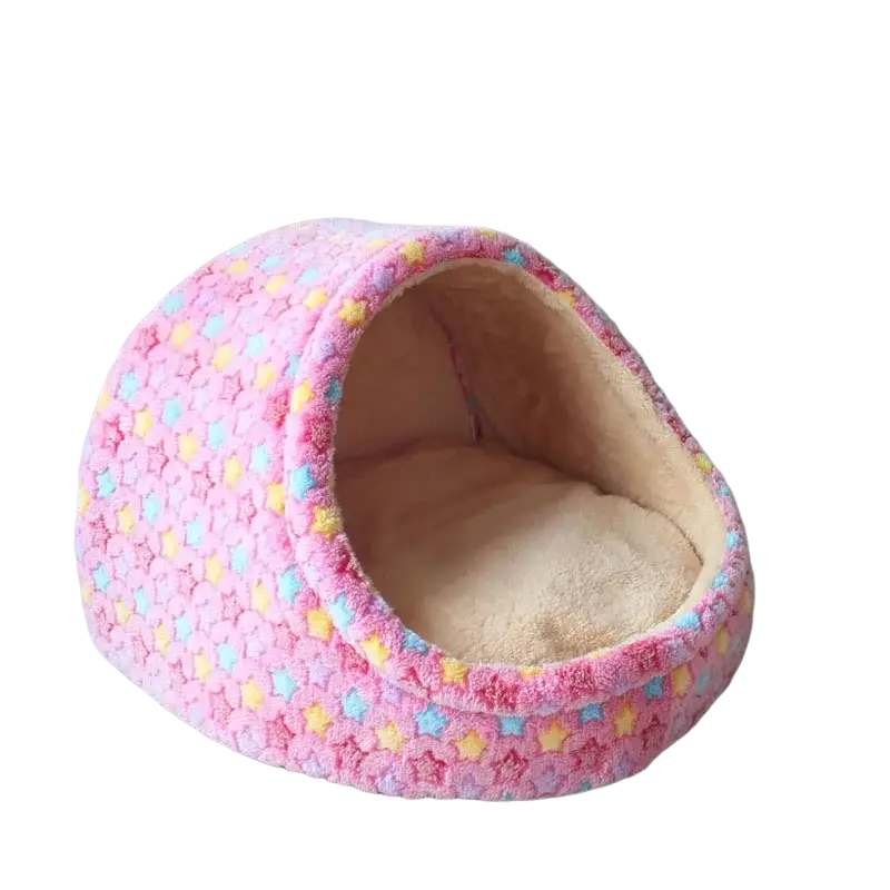 Foldable plush pet cave bed for small dogs and cats in pink star pattern with soft beige interior lining