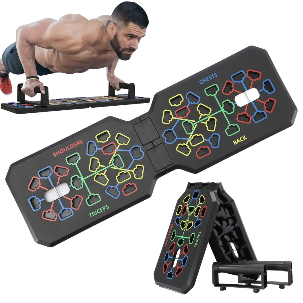 Foldable push up board with black foldable push-up training pad featuring colorful muscle-targeting zones for chest shoulders and triceps