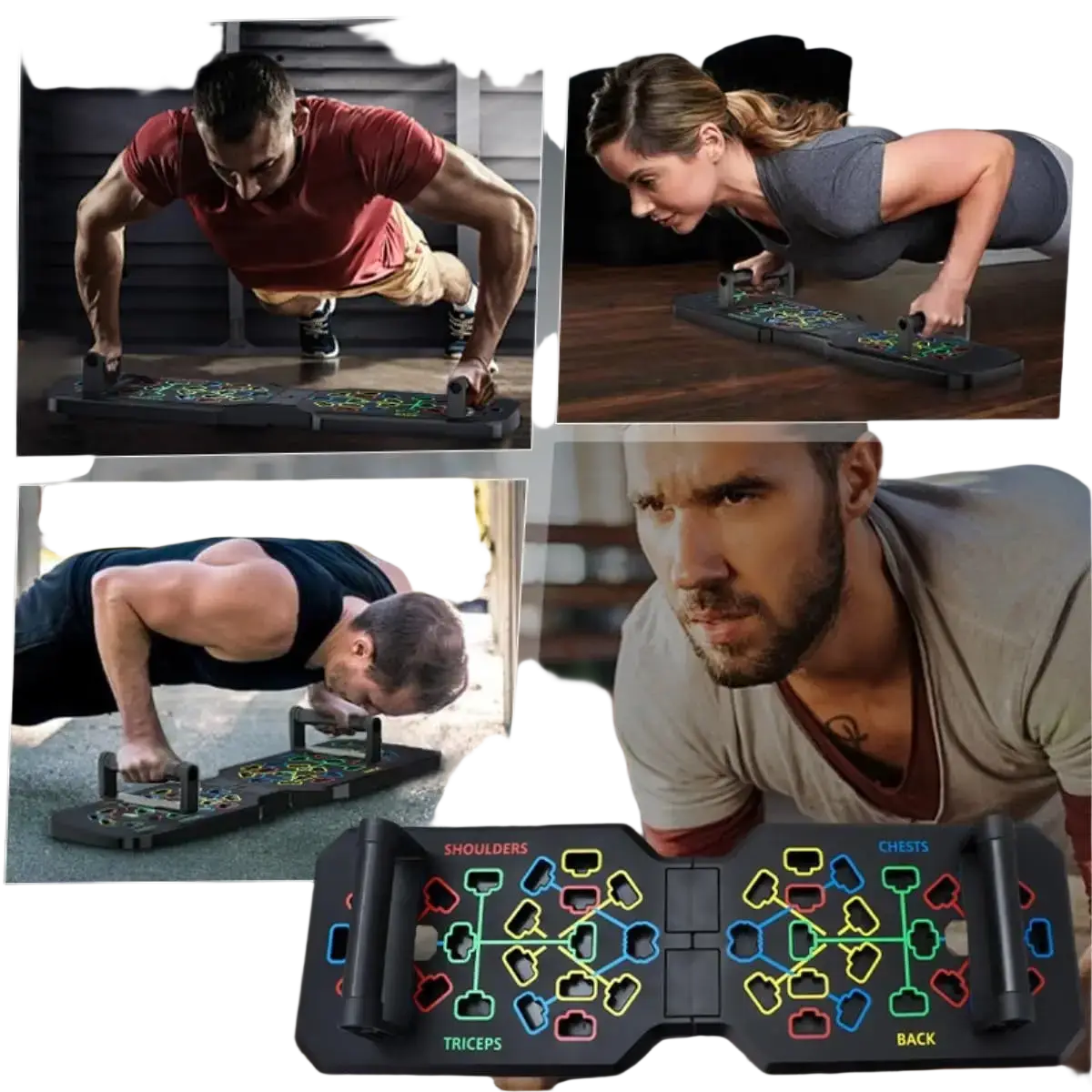 Black foldable push up board with handles featuring colorful illuminated zones for shoulders chest triceps and back exercises
