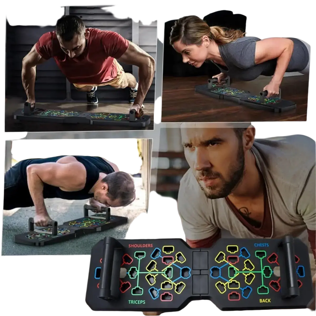 Black foldable push up board with handles featuring colorful illuminated zones for shoulders chest triceps and back exercises