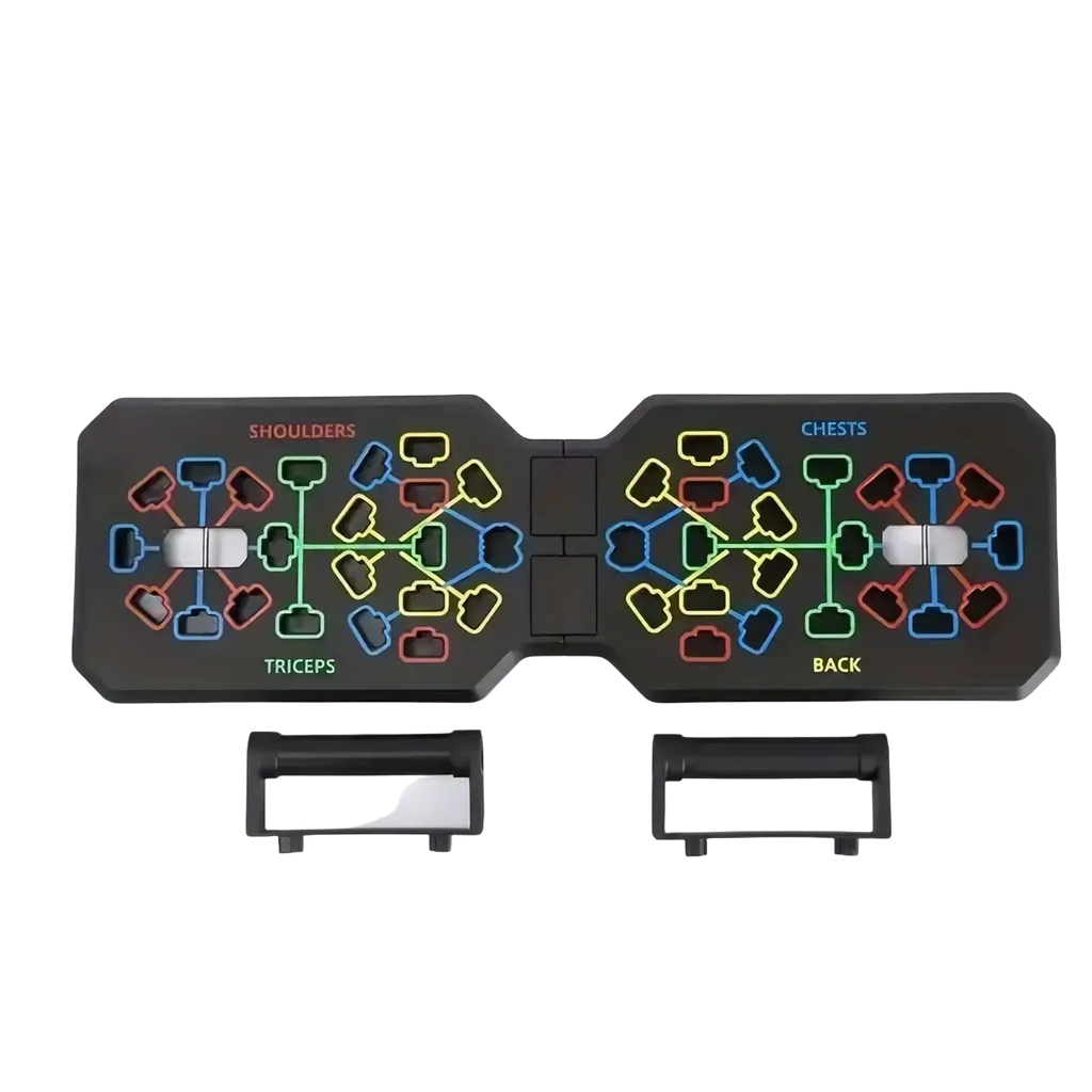 Black plastic foldable push up board with handles featuring colorful muscle group diagrams for targeted resistance training
