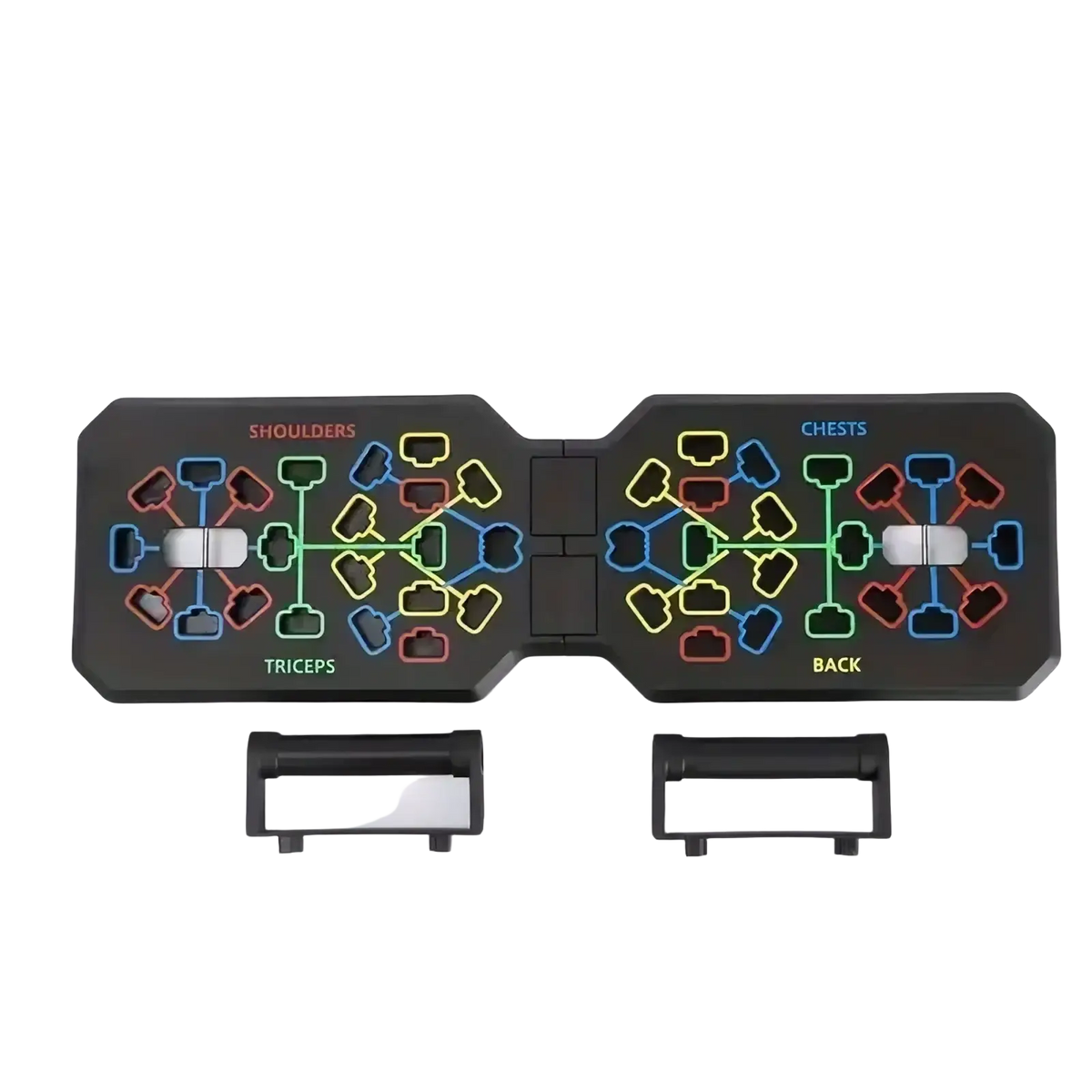 Black plastic foldable push up board with handles featuring colorful muscle group diagrams for targeted resistance training