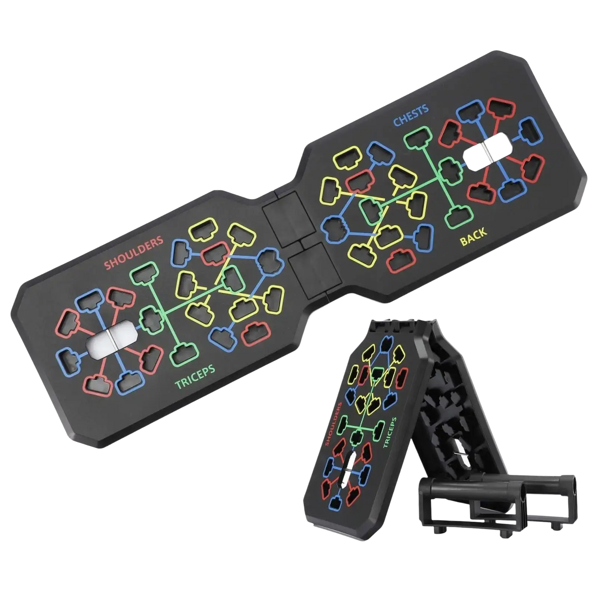 Black foldable push up board with handles featuring colorful muscle-targeting outlines for shoulders triceps chest and back
