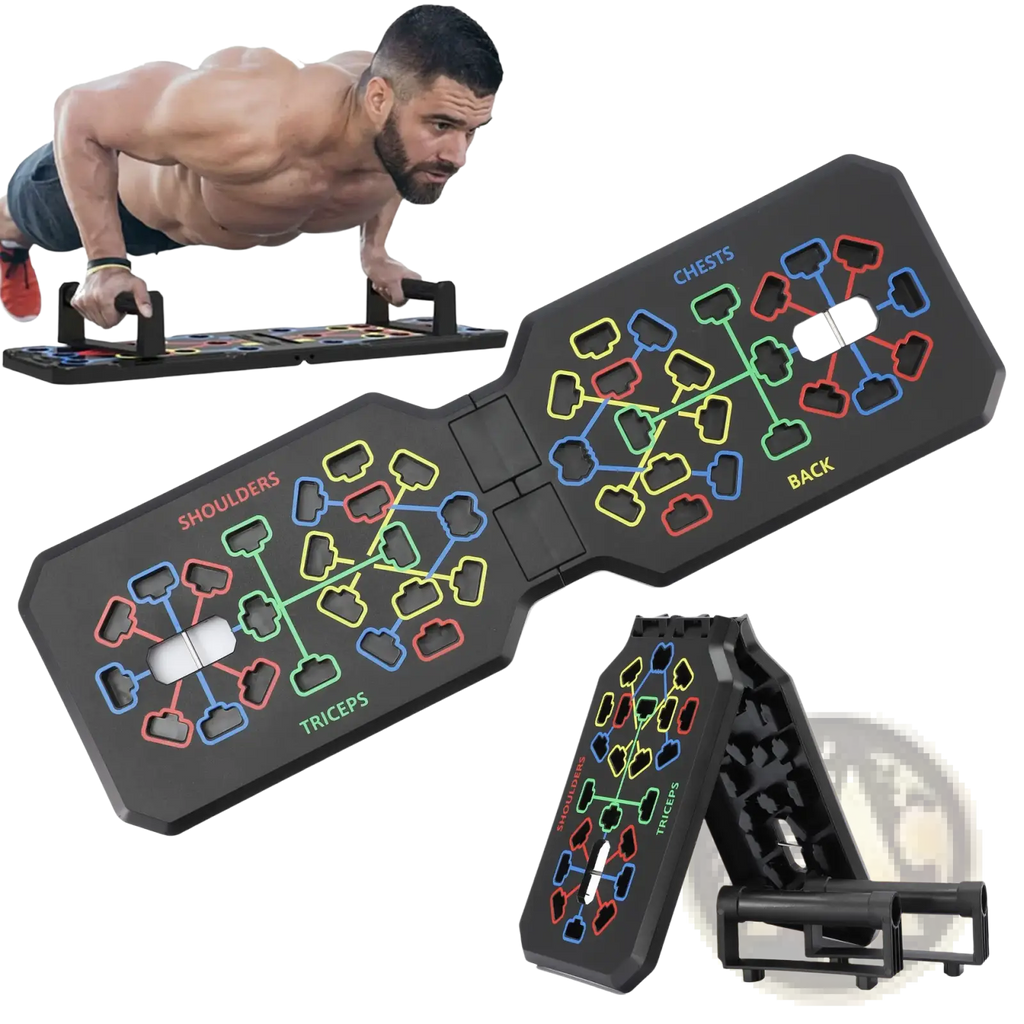 Foldable push up board with black foldable push-up training pad featuring colorful muscle-targeting zones for chest shoulders and triceps