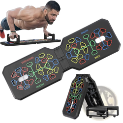 Foldable push up board with black foldable push-up training pad featuring colorful muscle-targeting zones for chest shoulders and triceps