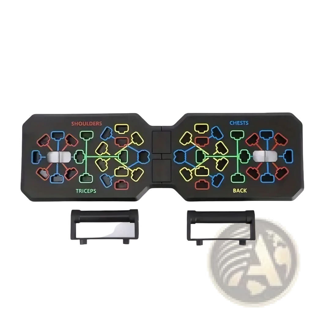 Black plastic foldable push up board with handles featuring colorful muscle group diagrams for targeted resistance training