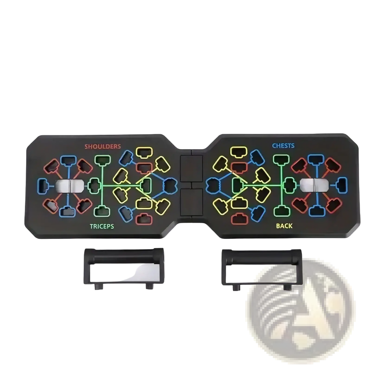 Black plastic foldable push up board with handles featuring colorful muscle group diagrams for targeted resistance training