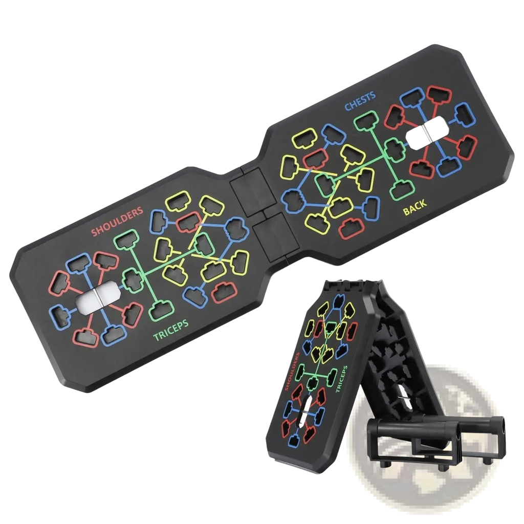 Black foldable push up board with handles featuring colorful muscle-targeting outlines for shoulders triceps chest and back
