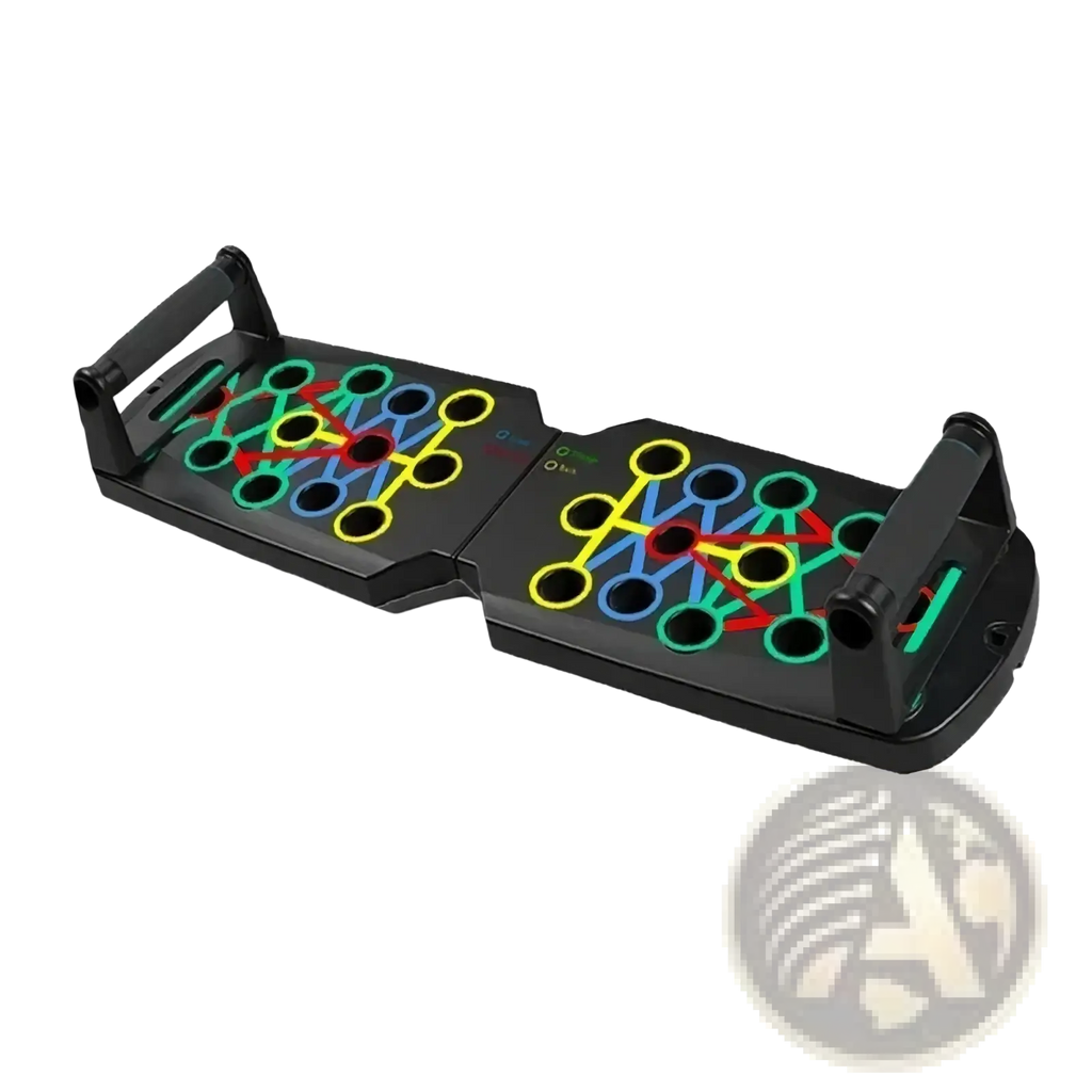 Foldable push up board made of black plastic with colorful yellow green blue and red circular grip zones for fitness training