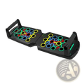 Foldable push up board made of black plastic with colorful yellow green blue and red circular grip zones for fitness training