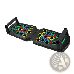 Foldable push up board made of black plastic with colorful yellow green blue and red circular grip zones for fitness training