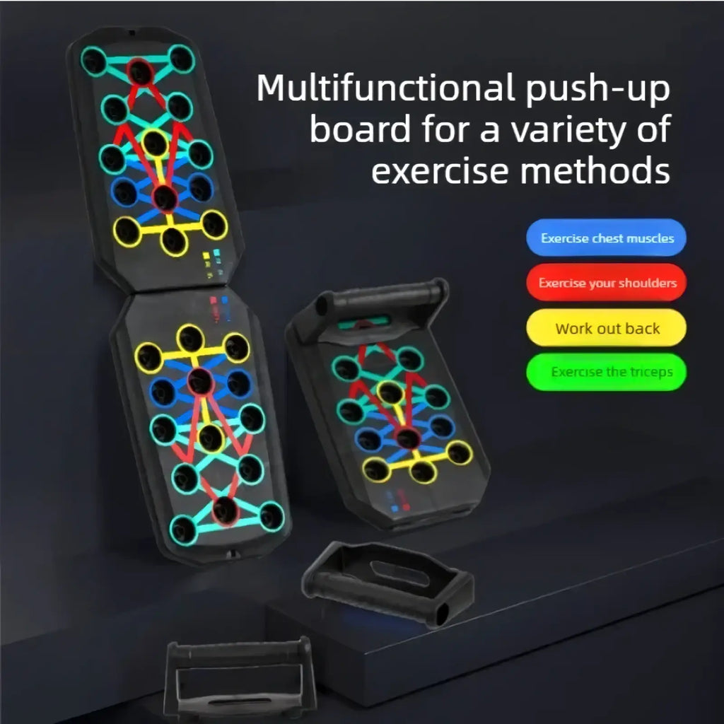 Foldable push up board multifunctional fitness trainer in black with colorful red yellow and teal circular grip points