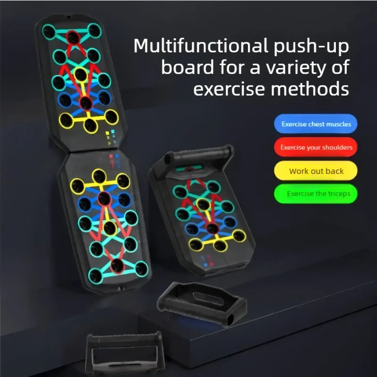 Foldable push up board multifunctional fitness trainer in black with colorful red yellow and teal circular grip points