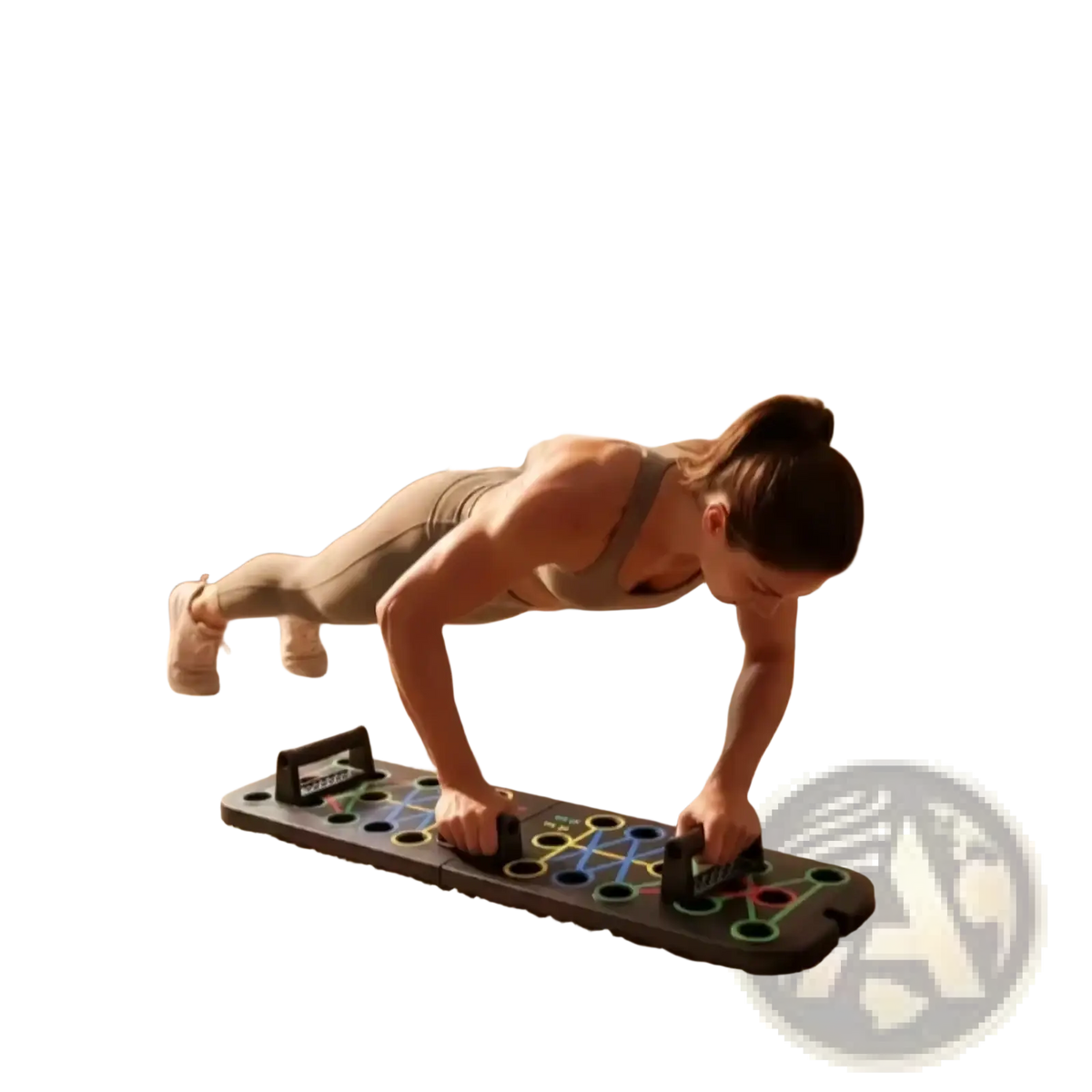 Black foldable push up board with colorful circular grip handles and adjustable resistance for multi function fitness training