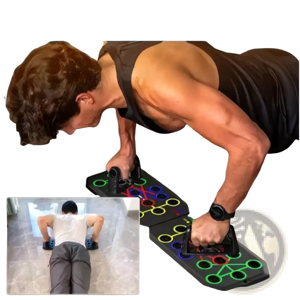 Foldable push up board black with colorful circular grip zones and adjustable handlebars for multi function fitness training
