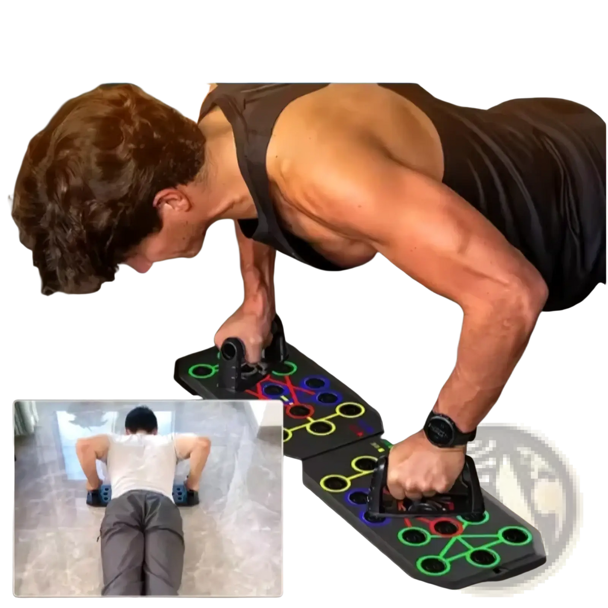 Foldable push up board black with colorful circular grip zones and adjustable handlebars for multi function fitness training