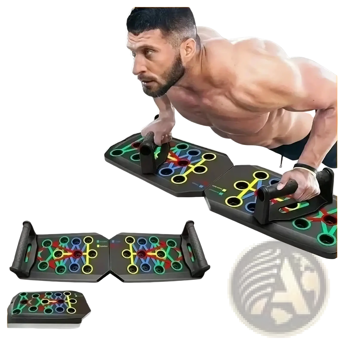 Foldable push up board fitness trainer with black push up pad, colorful circular resistance targets, and adjustable handles