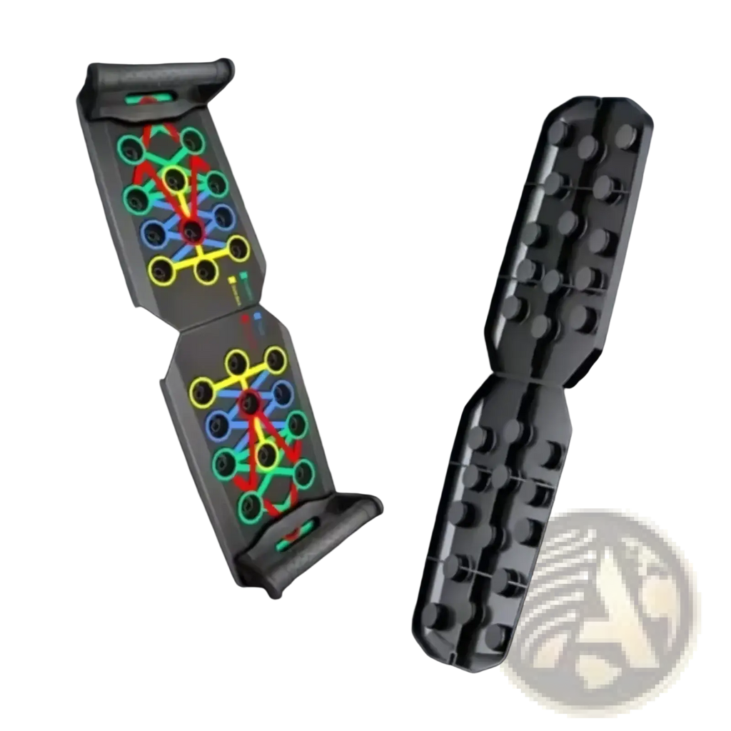 Foldable push up board multi function fitness trainer made of black plastic with colorful resistance bands and circular handles