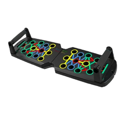 Foldable push up board made of black plastic with colorful yellow green blue and red circular grip zones for fitness training