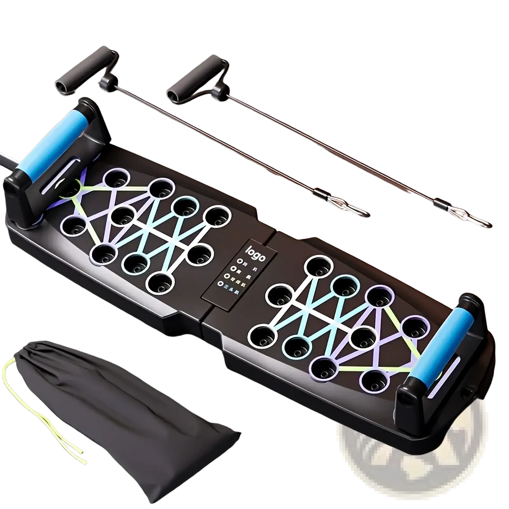 Foldable push up board with resistance bands featuring black base, blue handles, colorful geometric patterns, rope, and storage bag