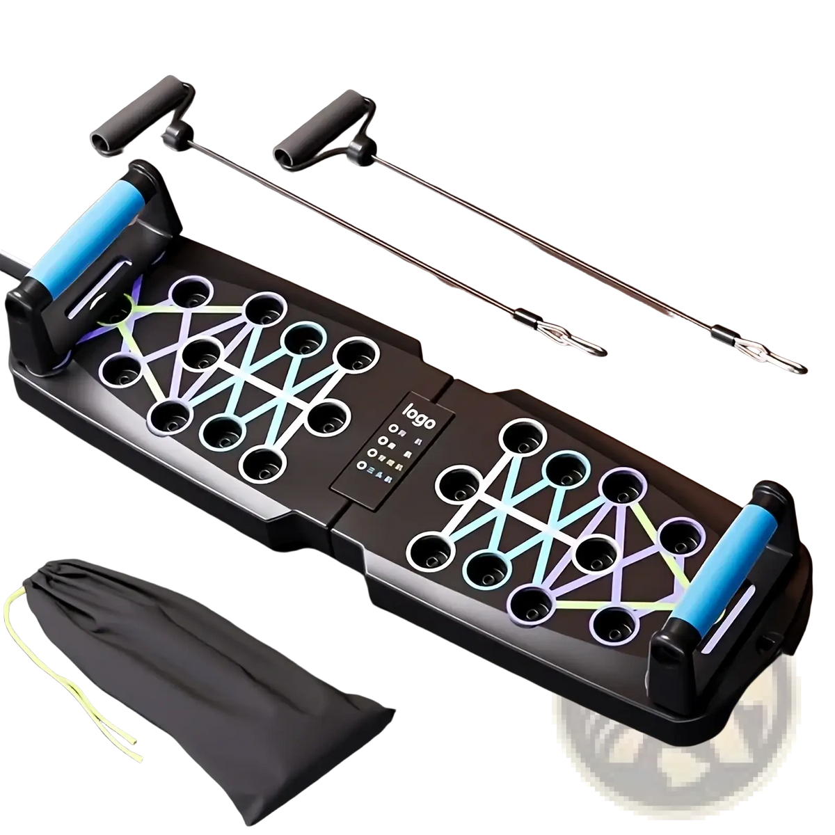Foldable push up board with resistance bands featuring black base, blue handles, colorful geometric patterns, rope, and storage bag