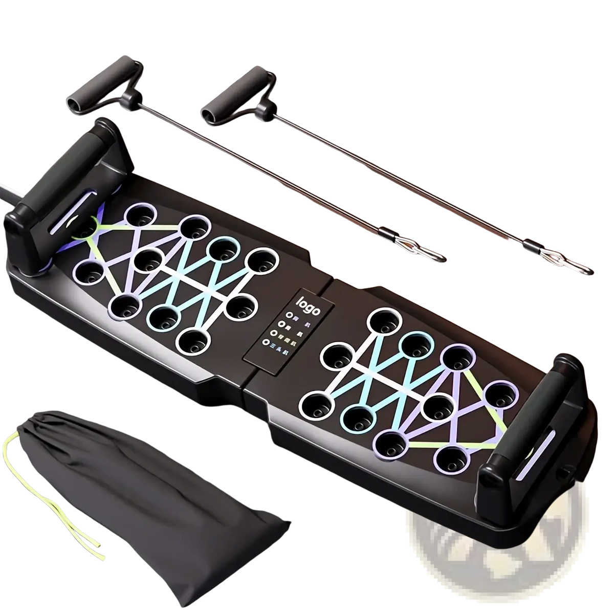 Foldable black push up board with colorful geometric patterns and attached resistance bands for fitness training