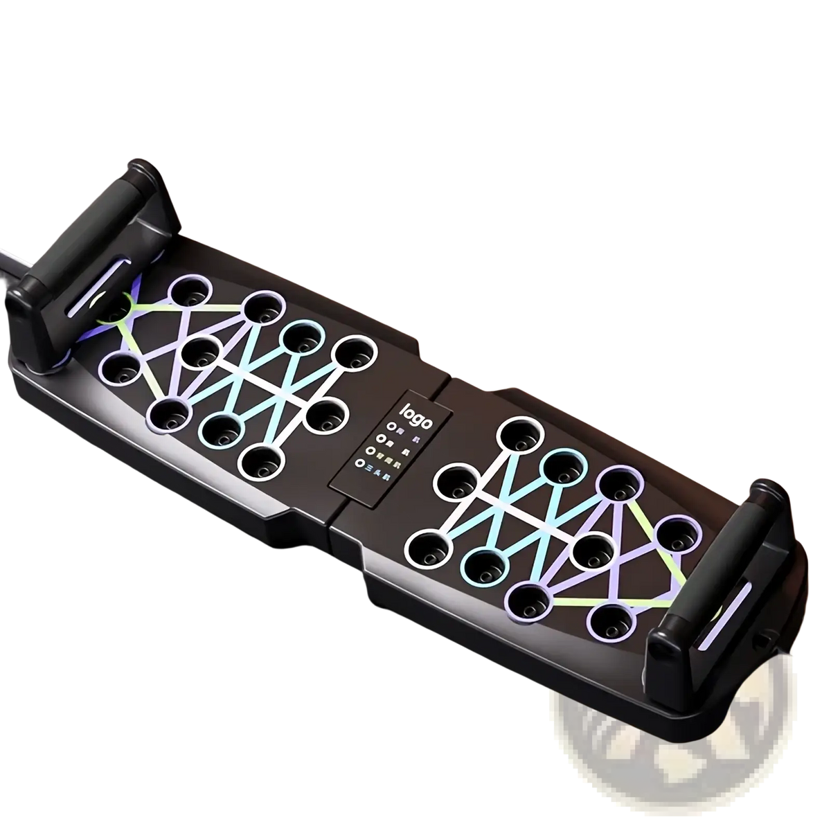 Foldable push up board in black with colorful illuminated geometric patterns and adjustable resistance settings