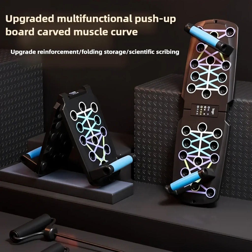 Foldable black multifunctional push-up board with carved muscle curve design colorful geometric patterns and blue handlebars