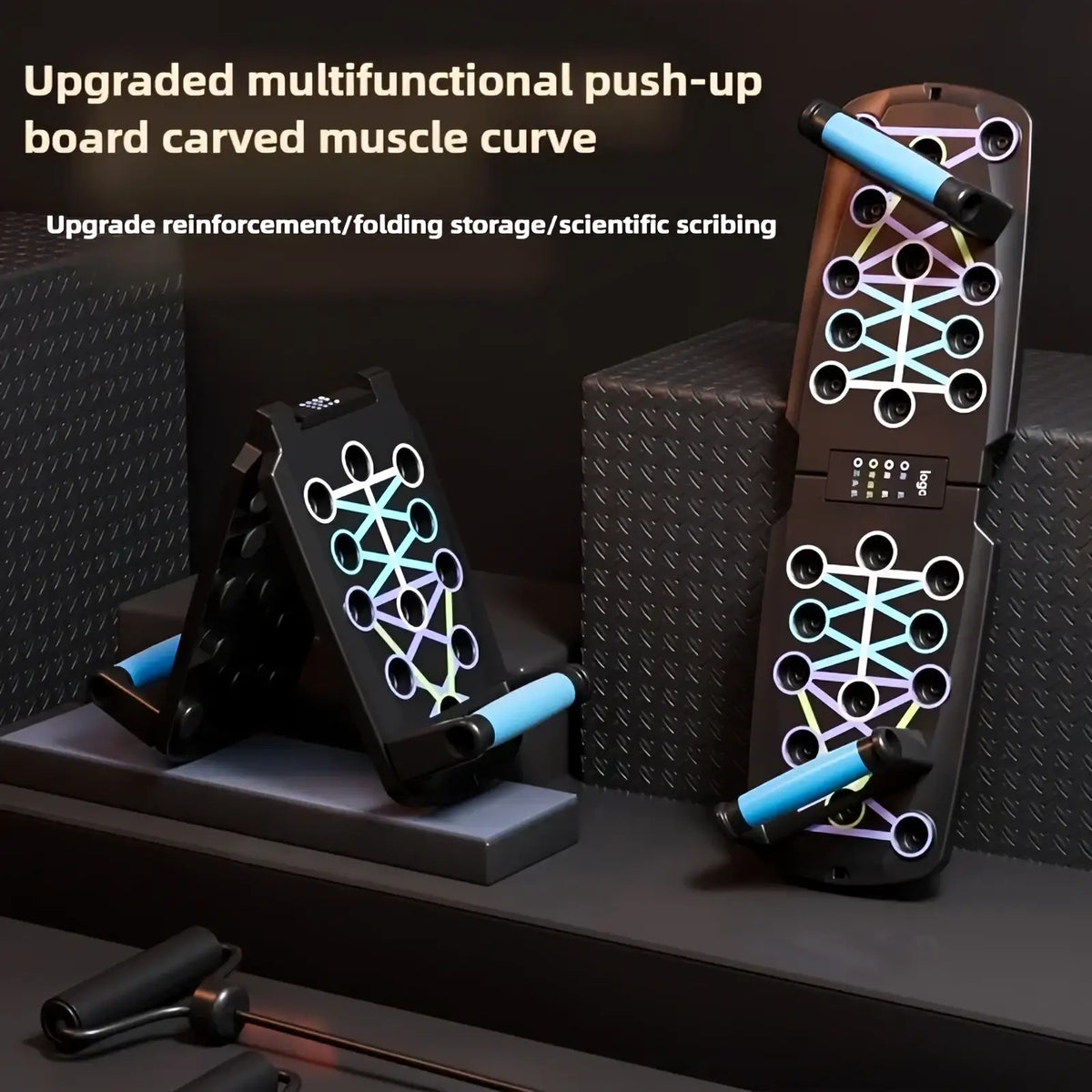 Foldable black multifunctional push-up board with carved muscle curve design colorful geometric patterns and blue handlebars