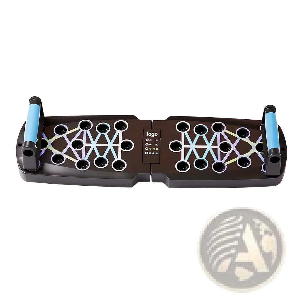Foldable push up board made of black plastic with blue handles and colorful geometric pattern for resistance training