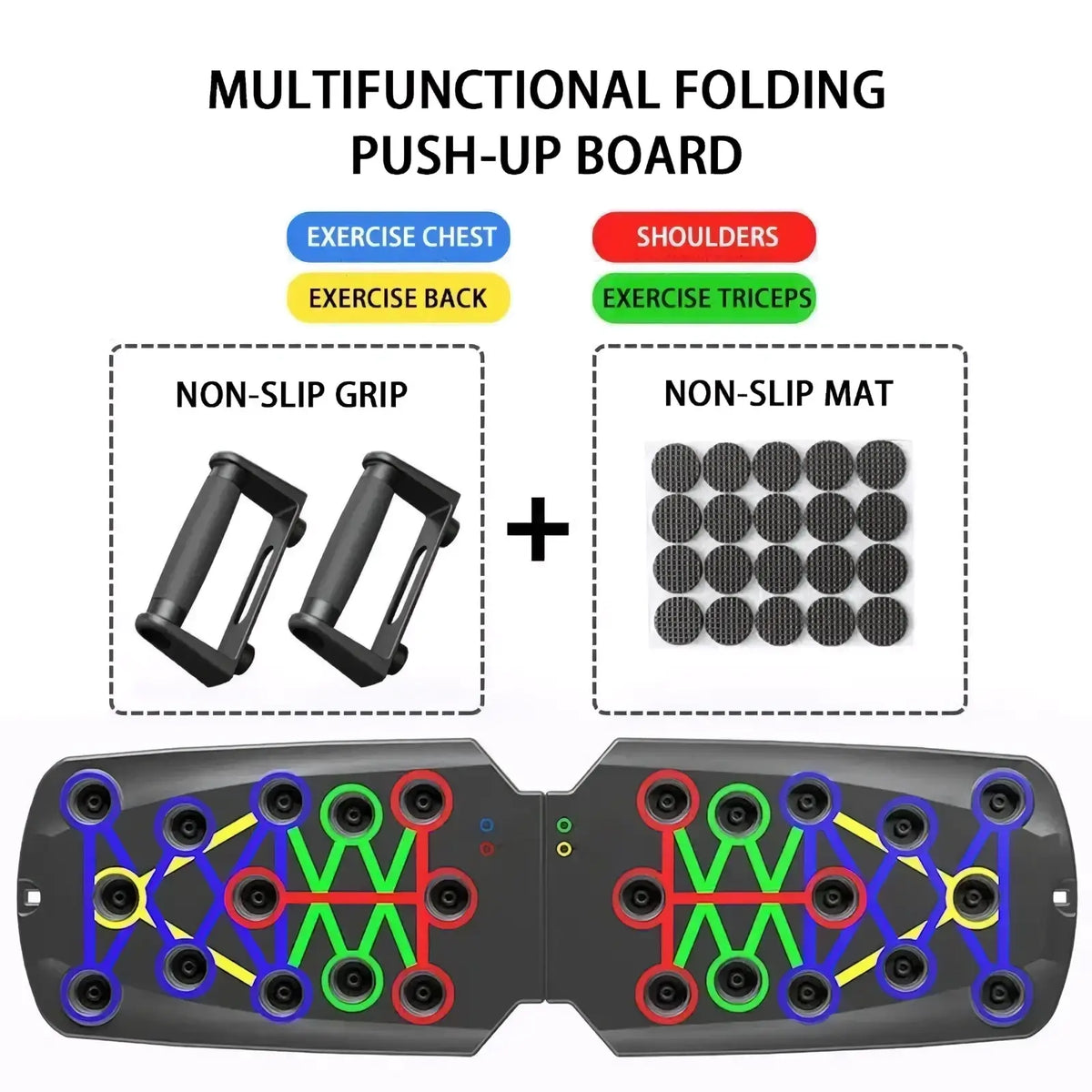 Foldable push up board training system in black with colorful circular grip points and non-slip mat attachments