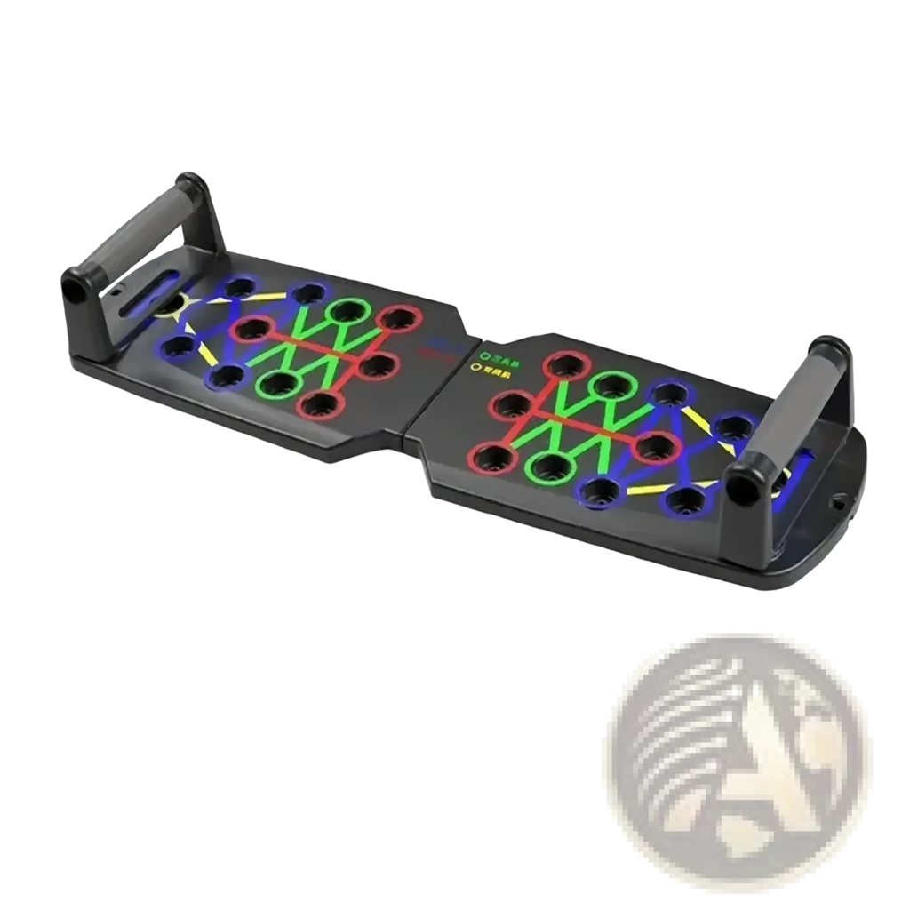 Foldable push up board training system with a black foldable pad featuring colorful red, green, and blue led lights pattern