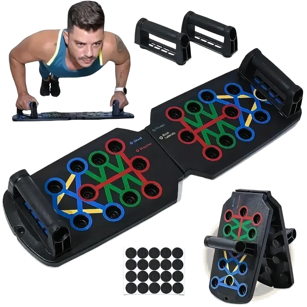 Foldable push up board training system with black foldable pad featuring colorful circular grip holes in red green blue and yellow
