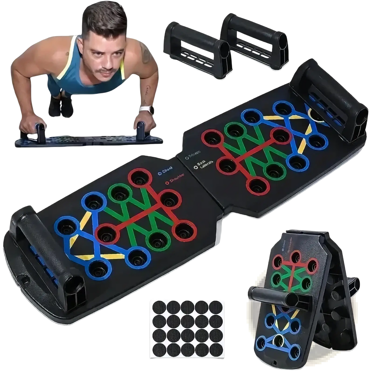 Foldable push up board training system with black foldable pad featuring colorful circular grip holes in red green blue and yellow