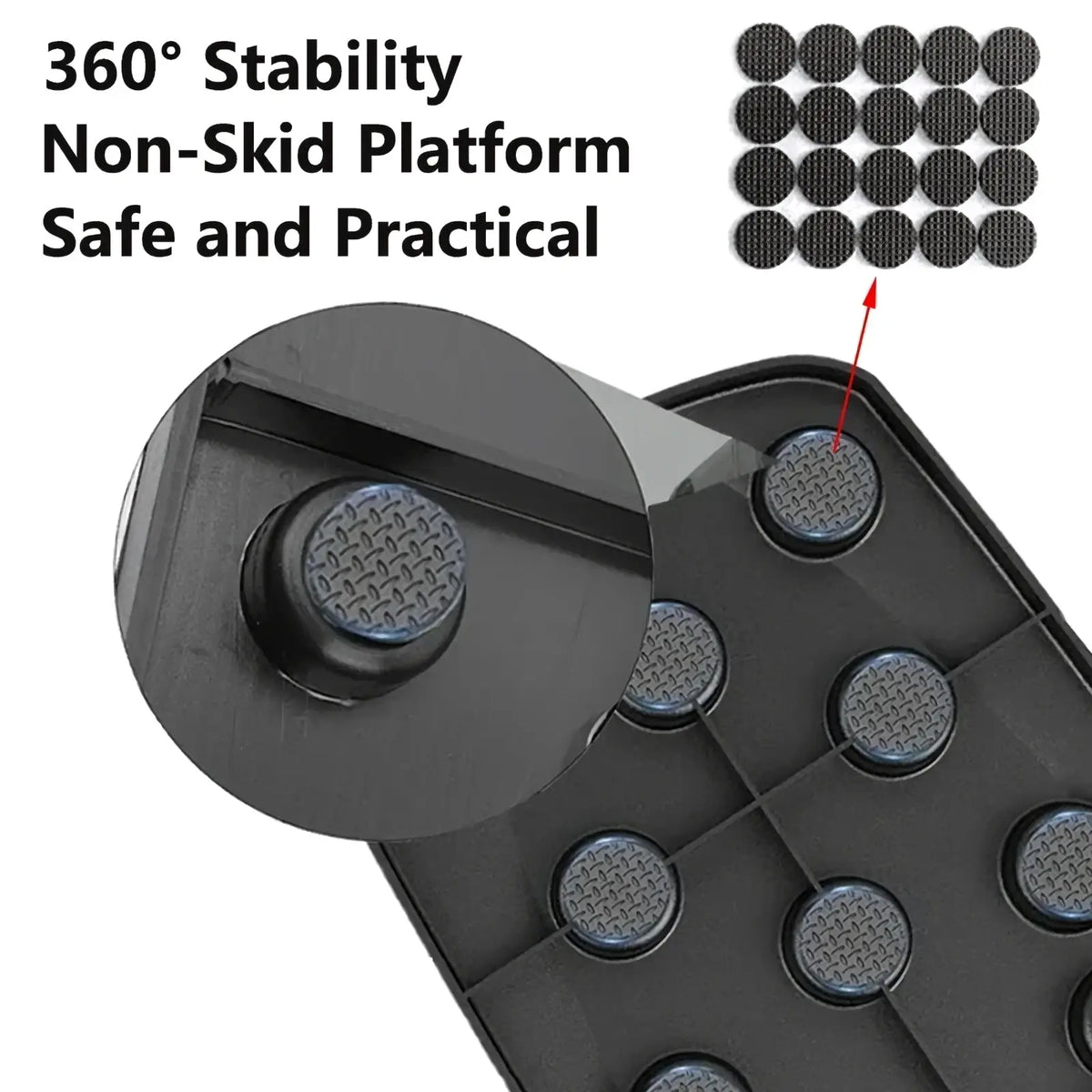 Black plastic foldable push up board platform with textured non-skid circular pads for stability and training