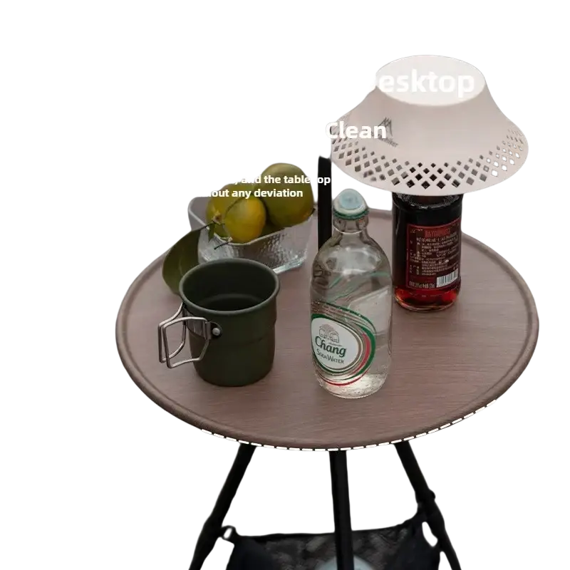 Foldable round table with a brown frosted tabletop and thickened edge made of aluminum alloy for camping use
