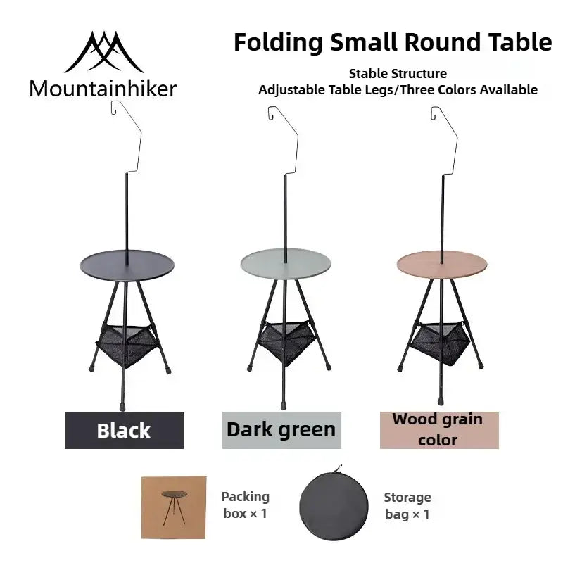 Mountainhiker folding a foldable round table with aluminum alloy frame, adjustable legs, and three color options