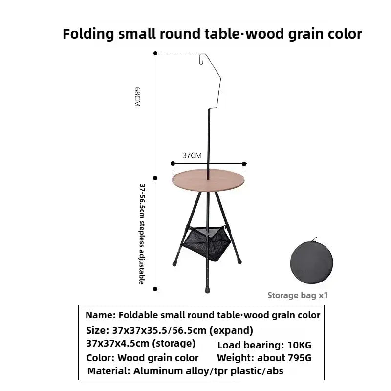 Foldable round table with wood grain top, adjustable height 37-56.5 cm, aluminum alloy legs, and storage basket