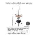 Foldable round table with wood grain top, adjustable height 37-56.5 cm, aluminum alloy legs, and storage basket