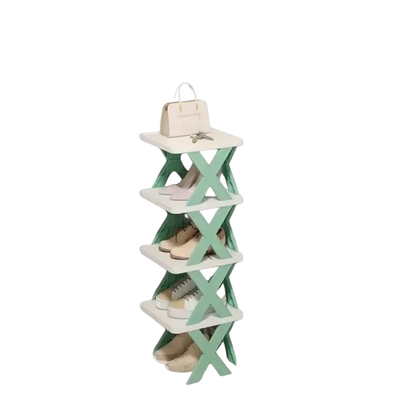 Five-layer foldable shoe rack with mint green x-shaped frame and white plastic shelves for shoe organization