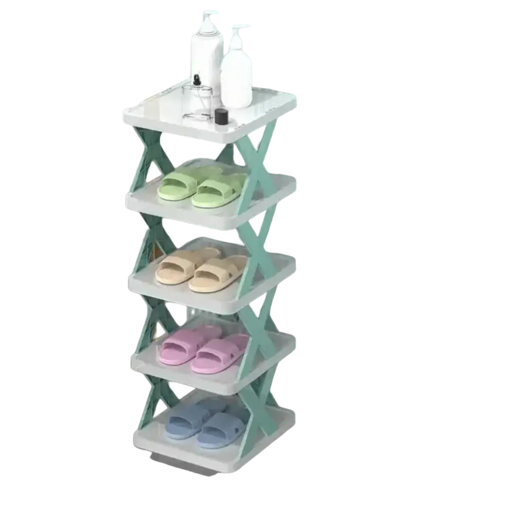 Foldable five-tiered plastic shoes rack with a white top and mint green x-shaped collapsible support legs