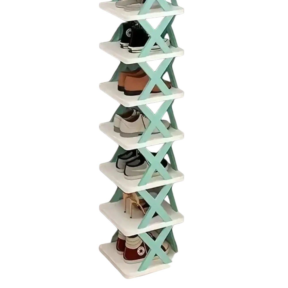 Foldable shoe rack with mint green and white plastic x-shaped collapsible frame for shoes rack organization