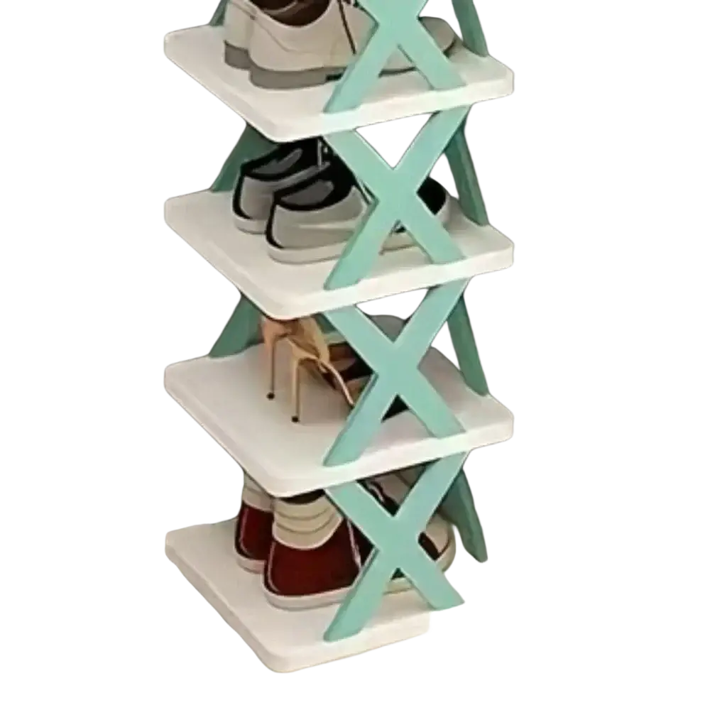 A mint green and white foldable plastic shoe rack with x-shaped frame design for stackable shoe organizers
