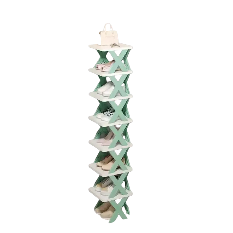 Mint green and white 8-layer foldable plastic shoe rack with x-shaped frame design for stackable shoes rack organization