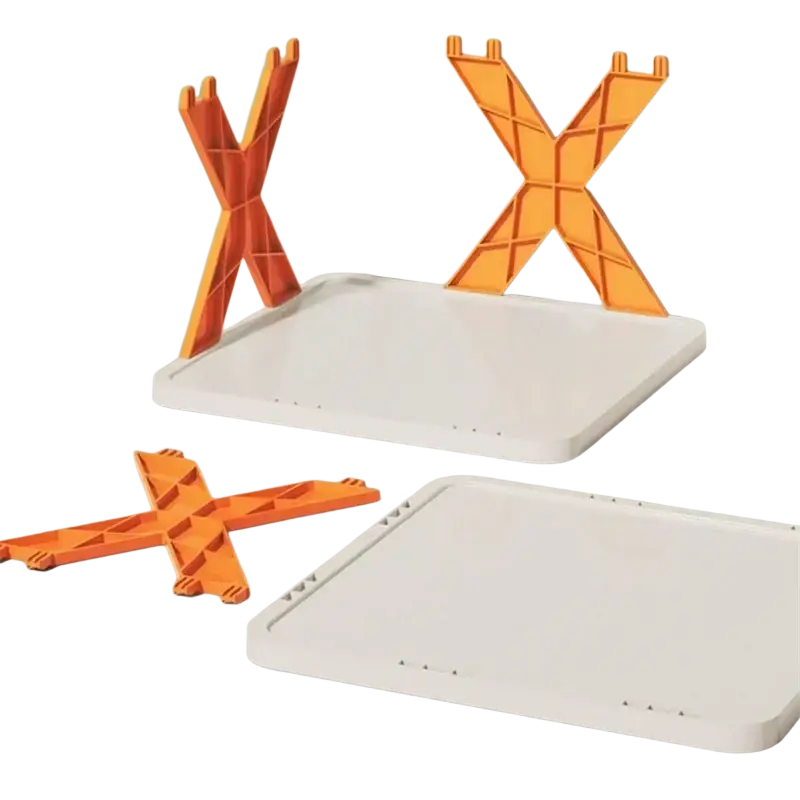 Orange plastic foldable x-shaped shoe rack with white base for stackable shoes organization and storage