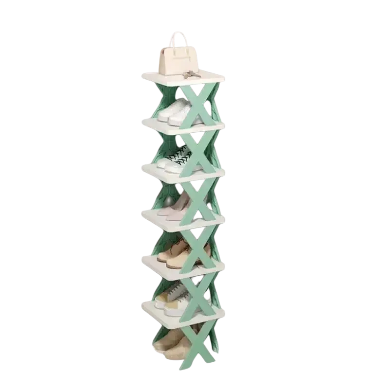 Seven-layer collapsible shoe rack with mint green x-shaped plastic frame and white shelves for space-saving storage